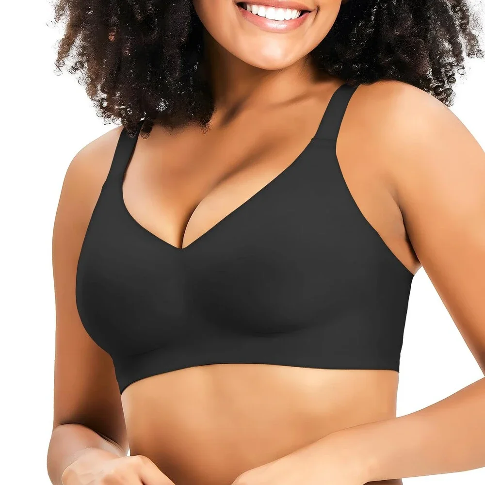 Greoay Women's Black Bras Wireless Push Up Seamless Wire-Free Full Support XL